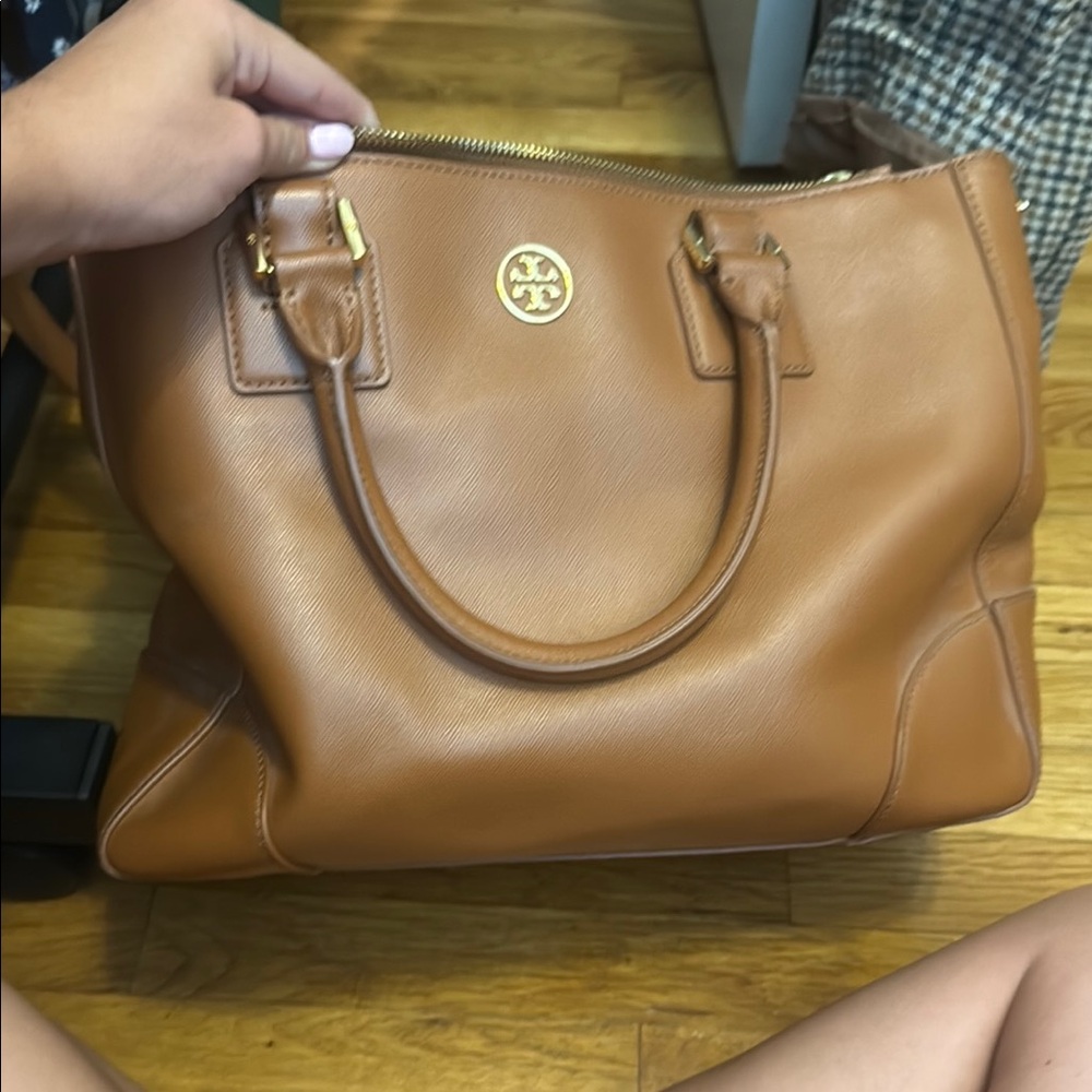 Tory Burch Brown Leather Tote with Gold Logo